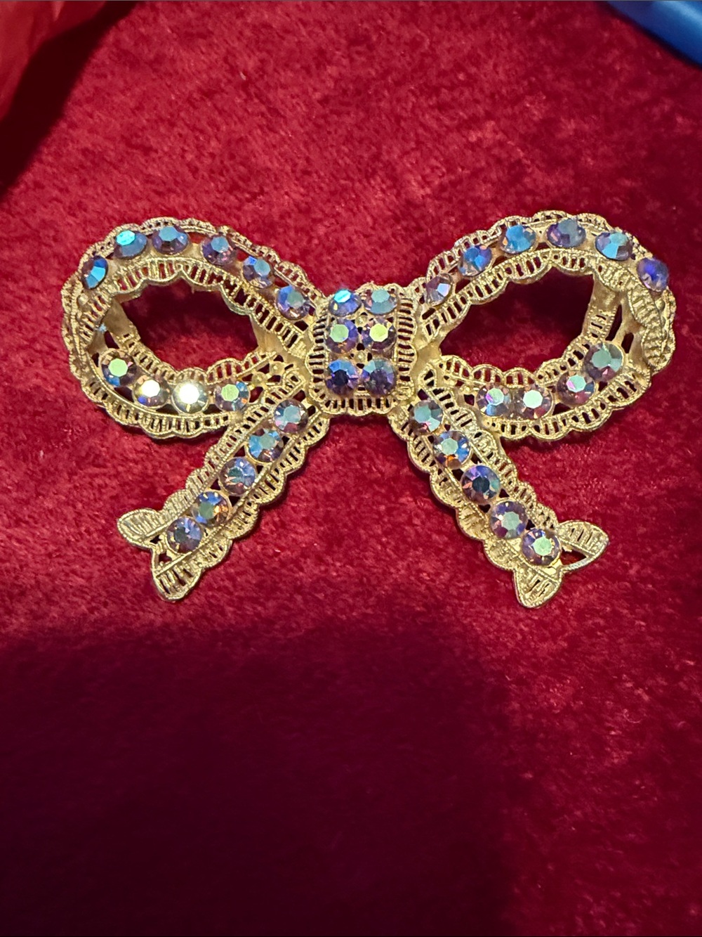 Gold Bow Brooch with Iridescent AB w Crystal Accents